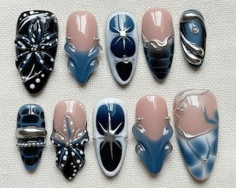 Dunkelblaue Whimsigoth Press On Nails, Handgemachte Gothic Stern Nägel, Celestial Witchy Nails, 3D Chrome Swirl Fake Nails