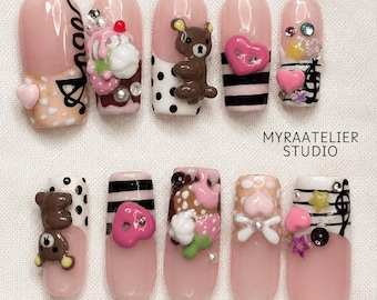 Kawaii Bear Press On Nails | Cute 3D Strawberry Nail Art | Handmade Pastel Pink Nail Design