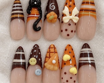 Gezellige herfstnagels, 3D zwarte kat pompoen ruitjes Thanksgiving nagels, gepersonaliseerde feestnagels