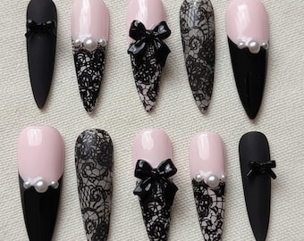 Black Lace Press On Nails, Elegant Bridal Nail Art, 3D Bow Long Nails, Handmade Luxury Nails