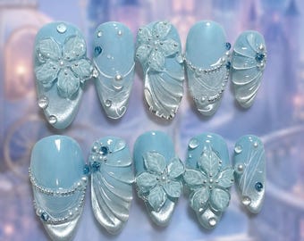 Blue Floral Cat Eye Press On Nails, Fairycore Princess Nails