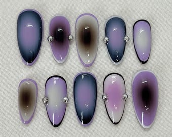 Purple Airbrush Press On Nails | Aura Ombre Handmade Gel Nails | Purple Black Gradient Nail Art
