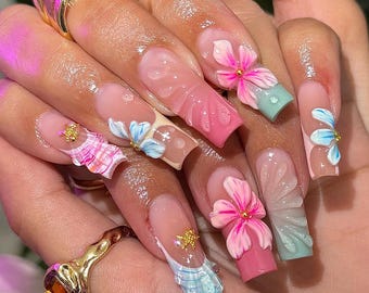 Tropical Summer Press On Nails: 3D Ocean Mermaid Nail Art, Handmade