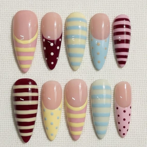 Pastel Striped Press On Nails, Polka Dot Cute Nails, Soft Girl Aesthetic, Handmade Gel Nails, Spring Summer Reusable Nails