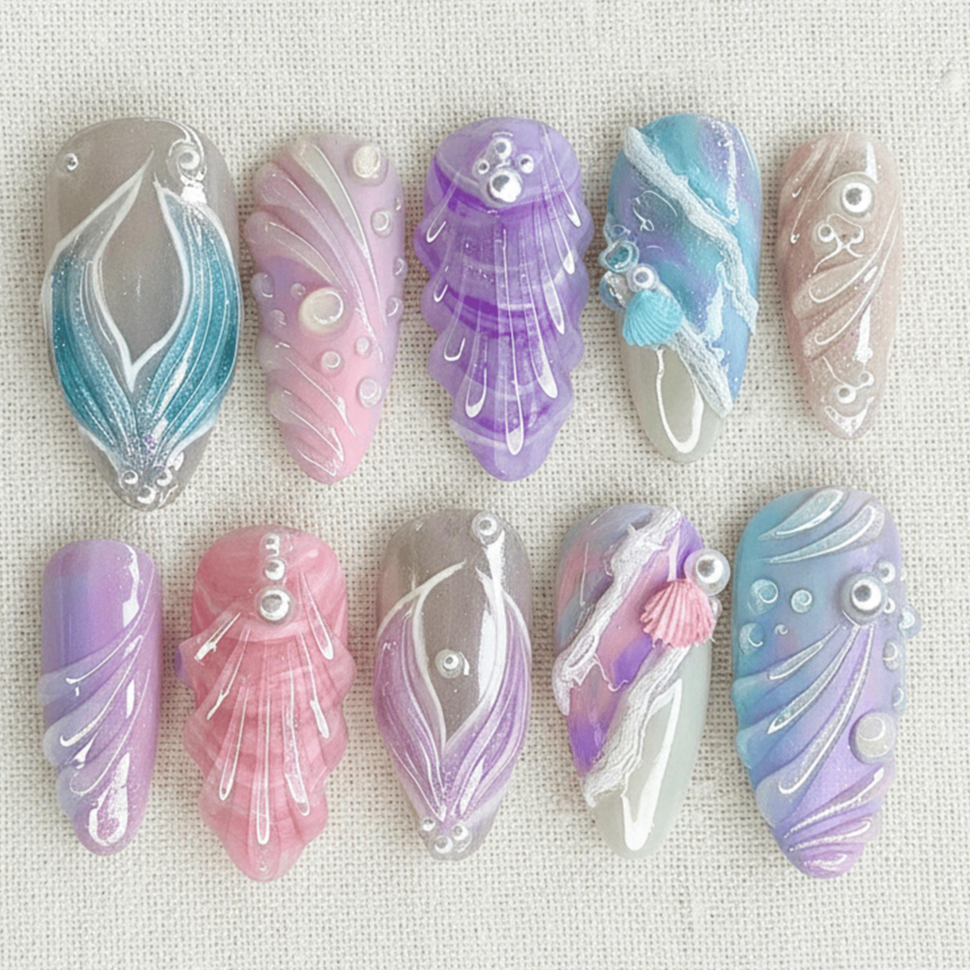 Mermaid Ocean Press On Nails Pastel Seashell Nails 3D Shell Nail Art Beach Mermaid Nails Handmade Summer Press On Nails