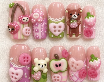 Kawaii Bear Strawberry Press On Nails, 3D Cute Pink Fruit Nails, Handmade Japanese Fake Nails