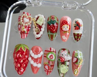 Uñas postizas de fresa kawaii / Diseño de uñas de postre dulce en 3D