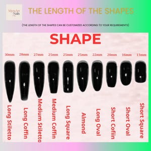May include: Image showcasing various black nail shapes, including Long Stiletto, Long Coffin, Medium Stiletto, Medium Coffin, Long Square, Almond, Long Oval, Short Coffin, Short Oval, and Short Square. Each shape is labeled with its length in millimeters, ranging from 13mm to 30mm.