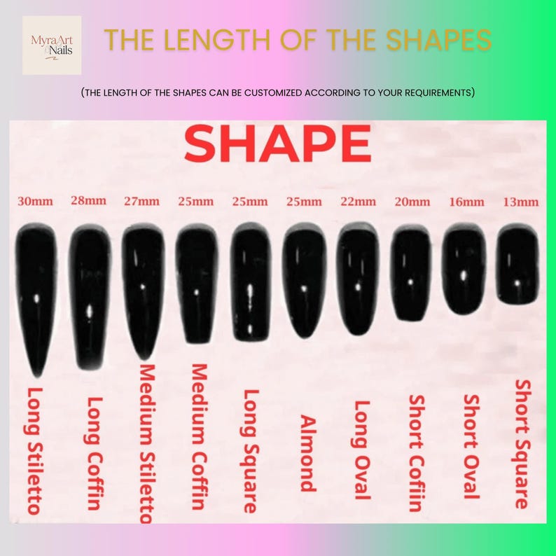 May include: Image showcasing various black nail shapes, including Long Stiletto, Long Coffin, Medium Stiletto, Medium Coffin, Long Square, Almond, Long Oval, Short Coffin, Short Oval, and Short Square. Each shape is labeled with its length in millimeters, ranging from 13mm to 30mm.