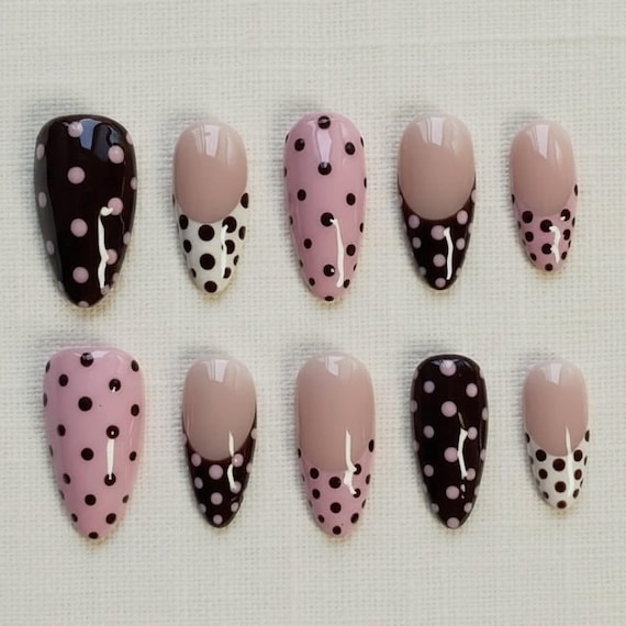Polka Dot Press On Nails | Pink Brown French Tip Nails | Cute Coquette Nail Art | Handmade Fake Nails