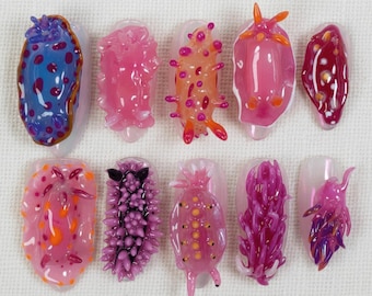 Ocean Inspired Press On Nails, 3D Sea Slug Nudibranch Nails, Whimsical Marine Creature Handmade Nail Art