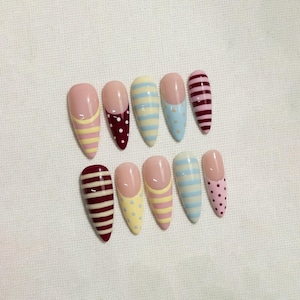 Pastel Striped Press On Nails, Polka Dot Cute Nails, Soft Girl Aesthetic, Handmade Gel Nails, Spring Summer Reusable Nails image 3