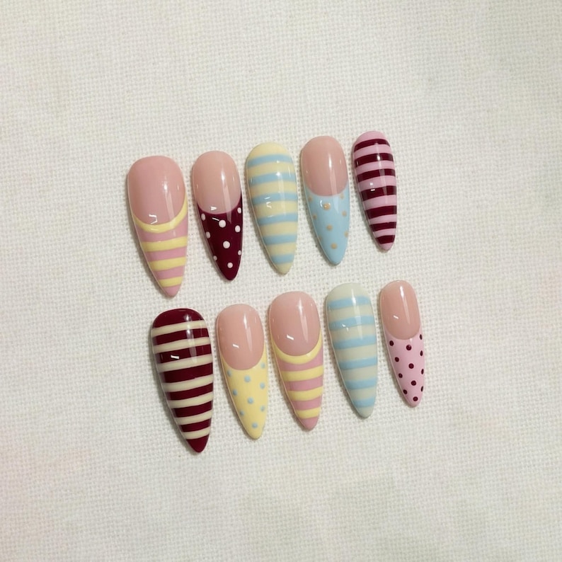 Pastel Striped Press On Nails, Polka Dot Cute Nails, Soft Girl Aesthetic, Handmade Gel Nails, Spring Summer Reusable Nails image 3