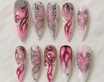 Pink Fairycore Press On Nails, Chrome Butterfly Heart Nails, Cyber Y2K Nail Art