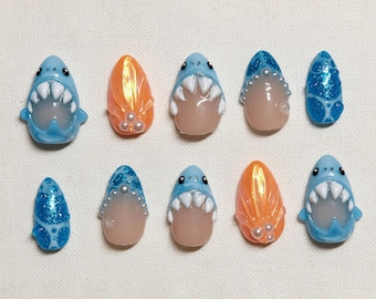 Uñas postizas de tiburón azul, uñas playeras hechas a mano, uñas con dientes de tiburón en 3D, lindas uñas de sirena veraniegas.
