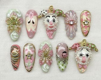 3D Clown Press On Nails, Pastel Jester Nails, Handmade Circus Nail Set, Kawaii Harajuku Nails, Pink Green Funky Nails