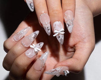 White Lace Bridal Press On Nails | Handmade Elegant Wedding Nail Designs | Luxury Pearl Bow Coquette Nails