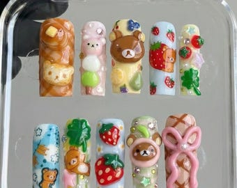 Uñas postizas de oso kawaii con fresa / Diseño de uñas 3D de postre hecho a mano / Arte de uñas japonés pastel