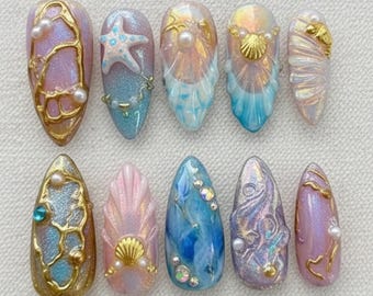 3D Mermaid Press On Nails, Shell Pearl Starfish Nails, Ocean Blue Chrome Nails, Beach Vacation Nails, Handmade Nails