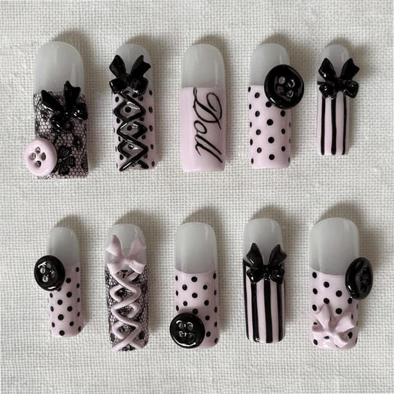 Polka Dot Press On Nails | 3D Button Lace Nail Art | Pink Black Coquette Nails | Handmade Cute Fake Nails