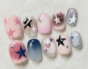 Y2K Star Press On Nails | Handmade Cute Kawaii Dreamy Fake Nails | Pink Blue Silver Glitter Nail Art