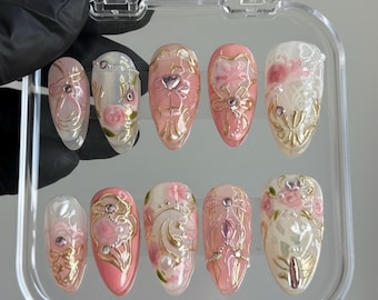 Rosa 3D-blommiga press-on-naglar | Handgjorda kokettrosnaglar | Vintage barock pastell nagelkonst för våren