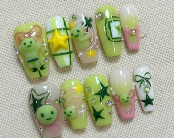 Kawaii Smiski Press On Nails | 3D Pastel Green Cute Nail Art | Handmade Glow In The Dark Fake Nails