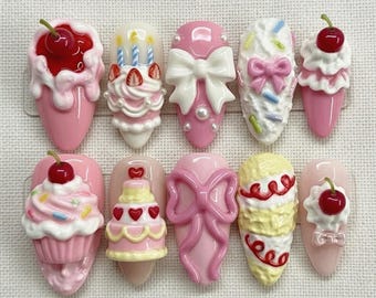 Pink Dessert Press On Nails, 3D Cake Cherry Bow Nails, Kawaii Cute Birthday Nails, Handmade Reusable Coquette Nail Set