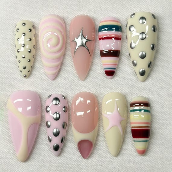 Polka Dot Press On Nails: Pastel Y2K Nail Art, Swirl Chrome Nail Set
