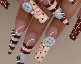 Brown Blue Striped Press On Nails, 3D Button Coquette Nails, Cute Polka Dot Nail Art, Handmade Fake Nails