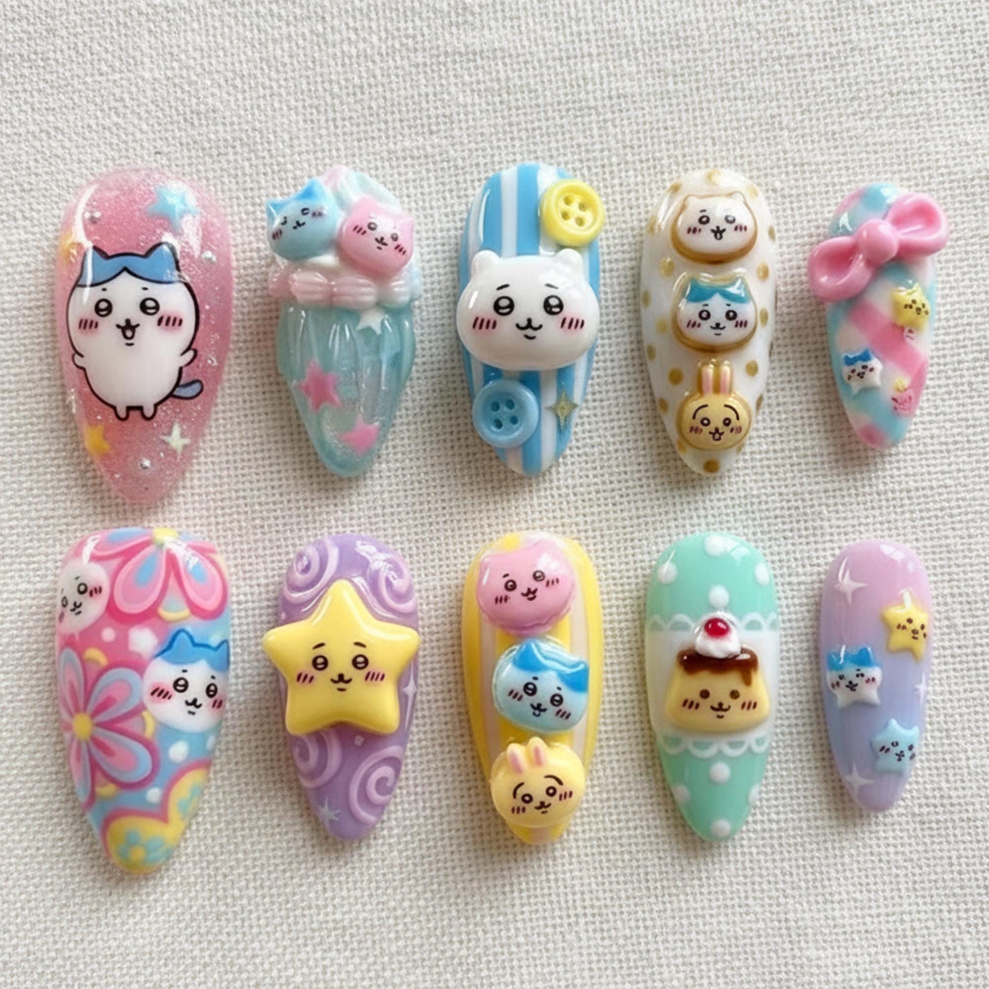 3D Kawaii Press On Nails | Coquette Kitten Nail Art | Handmade Pastel Japanese Nail Art