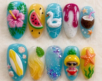 Sommerliche Strand-Nageldesigns zum Aufkleben | 3D-Katzen-Urlaubs-Nageldesign | Handgefertigtes Set mit Wassermelonen-Ozean-Motiv