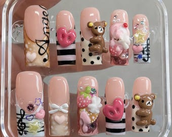 Kawaii Bear Press On Nails | Cute 3D Strawberry Nail Art | Handmade Pastel Pink Nail Design