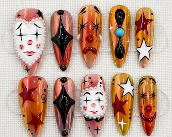 Uñas postizas de payaso arlequín / Uñas postizas de estrella gótica 3D Y2K