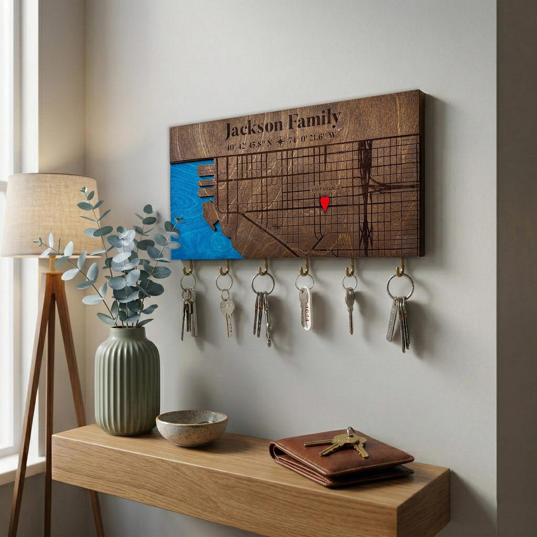 Personalized Wood Map Key Holder, Custom Location Key Hanger, Entryway ...