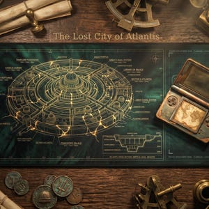 Puede incluir: Una detallada ilustración de la Ciudad Perdida de la Atlántida en un mapa verde y dorado, con una consola de juegos portátil vintage. El mapa está rodeado de monedas antiguas, pergaminos e instrumentos de navegación, todo sobre una superficie de madera. El texto "The Lost City of Atlantis" es visible.