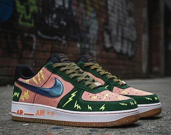 Custom AF1 Sneakers: Hand-Crafted Glitter Gum Sole, Neon Lightning Bolt