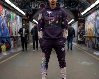 Men’s custom purple tracksuit with cartoon design and bleached effect with colourful paint