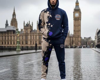 men's custom tracksuit with bleach patches an purple