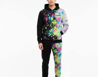 The "Neon Divide" 3-Piece Custom Set: Hand-Splattered Split Tracksuit + Matching T-Shirt