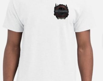 Men’s custom white  tee logo on front with soul corrupted on back