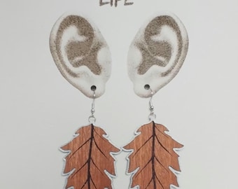 Nature Inspired Leaf Drop Earrings, 3D Printed Plastic Frame with Wood Inlay