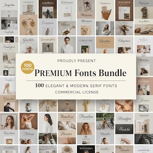 Puede incluir: Una colección de 100 fuentes serif elegantes y modernas, presentadas en una cuadrícula. La imagen muestra ejemplos de fuentes con nombres como "Jacqueline" y "Katherina". El texto "PREMIUM Fonts Bundle" se muestra de forma destacada, junto con "COMMERCIAL LICENSE".