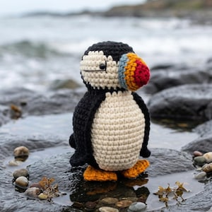 May include: A handmade crochet puffin bird with a black head and wings, a cream-colored body, and an orange beak and feet. The puffin is standing on a wet, rocky surface near the ocean.