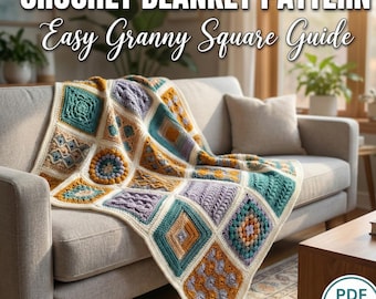 Blanket Crochet Pattern , Colorful Granny Square Sampler , Mixed Squares Sampler for Beginners , Modern Crochet Blanket Pdf