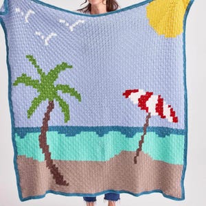 Breezy Beach Blanket Crochet Pattern: C2C Tropical Throw, Palm Tree Ocean Afghan (PDF)
