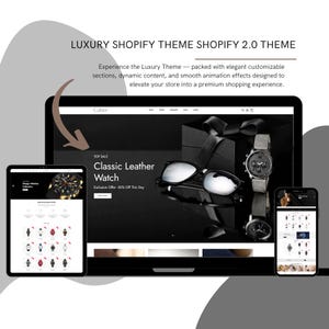 Op de afbeelding: Een digitale presentatie van een luxe Shopify-thema. De afbeelding toont een klassiek leren horloge, zonnebrillen en een zwarte geschenkdoos. De tekst luidt "Classic Leather Watch" en "Exclusive Offer -30% Off This Day."