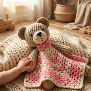 Op de afbeelding: Een gehaakte teddybeer met een roze strik en een bijpassende roze en crèmekleurige deken. De beer ligt op een crèmekleurige gebreide deken. De kop en ledematen van de beer zijn lichtbruin.