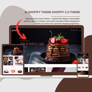 May include: A laptop, tablet, and smartphone display a website theme. The website showcases a stack of pancakes with chocolate sauce, strawberries, and cherries. The text on the screen reads "DELICIOUS CAKE" and "AI SHOPIFY THEME SHOPIFY 2.0 THEME."
