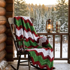 Ribbon Candy Crochet Throw Pattern, Red Green White Ripple Blanket (Digital Download)